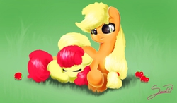 Size: 6122x3584 | Tagged: safe, artist:sverre93, apple bloom, applejack, earth pony, pony, g4, apple, duo, hatless, lying down, missing accessory, sleeping