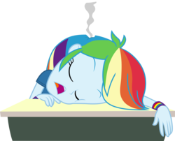Size: 6001x4840 | Tagged: safe, artist:plsim, rainbow dash, equestria girls, g4, absurd resolution, desk, eyes closed, female, open mouth, paper airplane, simple background, sitting, sleeping, sleeping in class, snoring, solo, transparent background