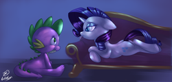 Size: 2962x1426 | Tagged: safe, artist:pia-sama, artist:tofutiles, rarity, spike, pony, unicorn, g4, fainting couch, female, male, mare, ship:sparity, shipping, straight, tongue out