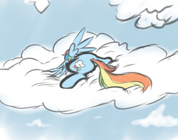 Size: 1280x1007 | Tagged: safe, artist:mostazathy, rainbow dash, g4, cloud, cloudy, female, lying on a cloud, solo