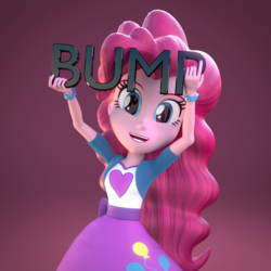 Size: 1000x1000 | Tagged: safe, artist:3d thread, artist:creatorofpony, pinkie pie, human, equestria girls, g4, /mlp/, 3d, 3d model, blender, bracelet, bump, clothes, female, holding, looking at you, open mouth, open smile, shirt, skirt, smiling, solo, teenager, teeth, vest