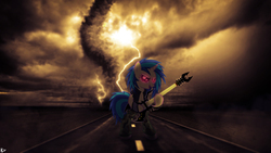 Size: 2560x1440 | Tagged: safe, artist:karl97, artist:sulyo, dj pon-3, vinyl scratch, pony, unicorn, g4, badass, bipedal, dark, electric guitar, female, glowing eyes, guitar, heavy metal, hooves, horn, lightning, mare, musical instrument, open mouth, red eyes, road, smiling, solo, tornado, vector, wallpaper