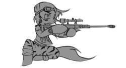 Size: 4098x2234 | Tagged: safe, artist:saddnesspony, earth pony, pony, black and white, grayscale, gun, hooves, male, monochrome, optical sight, rifle, simple background, sitting, sniper, sniper rifle, solo, stallion, transparent background, weapon