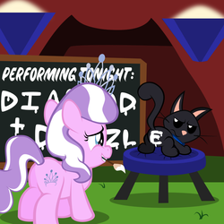 Size: 800x800 | Tagged: safe, artist:magerblutooth, diamond tiara, oc, oc:dazzle, cat, earth pony, pony, g4, annoyed, butt, chalkboard, female, filly, foal, lights, mouth mold, paint, paint on fur, paintbrush, plot, tent, text