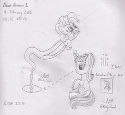 Size: 2247x2059 | Tagged: safe, artist:parclytaxel, pinkie pie, starlight glimmer, genie, albumin flask, g4, the cutie map, bottle, cutie mark, geniefied, high res, lineart, magic, monochrome, reference sheet, scared, sitting, sketch, traditional art