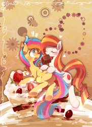 Size: 1000x1380 | Tagged: safe, artist:kolshica, oc, oc only, oc:golden gates, oc:poniko, babscon, babscon mascots, butt, cake, chocolate, japan ponycon, mouth hold, plot, ponies in food, tiny ponies, underhoof
