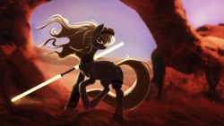 Size: 3295x1854 | Tagged: safe, artist:shaadorian, derpy hooves, pegasus, pony, g4, badass, crossover, double lightsaber, epic derpy, female, goggles, jedi, lightsaber, mare, solo, star wars, weapon, windswept mane