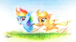 Size: 1115x621 | Tagged: safe, artist:magfen, applejack, rainbow dash, g4, chest fluff, running, tongue out, traditional art