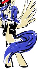 Size: 736x1457 | Tagged: artist needed, safe, oc, oc only, oc:astral blitzen, pegasus, pony, bipedal, clothes, female, grin, hair over one eye, hat, looking at you, mare, smirk, solo, spread wings, top hat, tuxedo