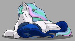 Size: 2286x1260 | Tagged: safe, artist:bluesparkks, princess celestia, princess luna, g4, eyes closed, hug, prone, simple background, sisters, winghug