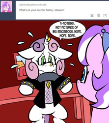 Size: 500x563 | Tagged: safe, artist:pembroke, big macintosh, diamond tiara, sweetie belle, earth pony, pony, ask meanie belle, g4, clothes, jacket, leather, leather jacket, male, meanie belle, nervous, nervous sweat, ship:sweetiemac, shipping, stallion, straight