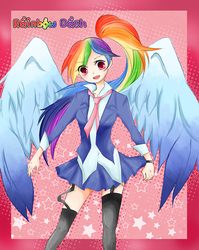 Size: 700x881 | Tagged: safe, artist:allwellll, rainbow dash, human, g4, blazer, clothes, female, garter belt, humanized, miniskirt, necktie, school uniform, schoolgirl, shirt, skirt, socks, solo, stars, stockings, thigh highs, thigh socks, winged humanization