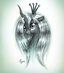 Size: 880x1004 | Tagged: dead source, safe, artist:magfen, queen chrysalis, changeling, changeling queen, g4, alternate hairstyle, crown, female, grayscale, jewelry, monochrome, regalia, solo, traditional art
