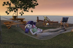 Size: 3000x2000 | Tagged: safe, artist:tahublade7, rarity, sweetie belle, unicorn, anthro, plantigrade anthro, g4, 3d, clothes, cuddling, daz studio, dress, female, hammock, high res, lake, mare, sandals, sisters, sleepy, snuggling, sunset