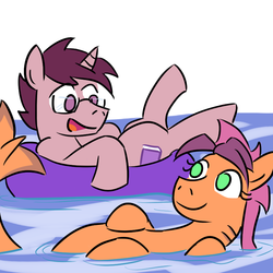 Size: 800x800 | Tagged: safe, artist:jargon scott, oc, oc only, oc:lore love, oc:sammarossa, original species, pony, shark pony, unicorn, glasses, inner tube, water