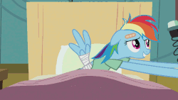 Size: 768x432 | Tagged: safe, screencap, applejack, pinkie pie, rainbow dash, rarity, g4, read it and weep, animated, annoyed, bandage, bandaid, bed, eyes on the prize, female, food, hoofrub, hospital, hospital gown, jello, looking at you, looking up, not creepy, personal space invasion, pillow, plate, pov, sarcasm, smiling, stare, tissue box