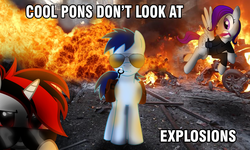 Size: 2000x1200 | Tagged: safe, oc, oc only, oc:blackjack, oc:morning glory (project horizons), oc:p-21, fallout equestria, fallout equestria: project horizons, badass, cool guys don't look at explosions, deal with it, explosion, meme, the lonely island