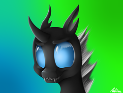 Size: 1600x1200 | Tagged: safe, artist:luminousdazzle, changeling, sharp teeth, smiling, solo