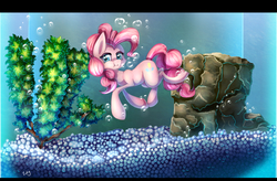 Size: 1900x1250 | Tagged: dead source, safe, artist:inky-pinkie, pinkie pie, fish, g4, bubble, cartoon physics, female, fish bowl, pet, solo, underwater