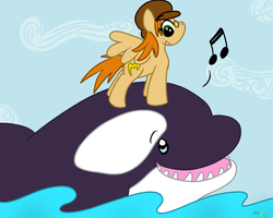 Size: 1280x1024 | Tagged: safe, artist:msbeka, oc, oc only, oc:kl, oc:shashi, orca, whale, cloud, music notes, ponysona