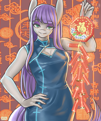 Size: 1000x1200 | Tagged: dead source, safe, artist:m@k, maud pie, earth pony, anthro, g4, cheongsam, chinese new year, clothes, female, firecracker, looking at you, pixiv, smiling, solo, when she smiles