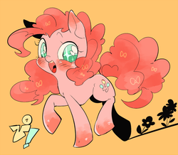 Size: 803x700 | Tagged: safe, artist:29axa, pinkie pie, earth pony, pony, g4, blushing, female, flower, no pupils, open mouth, orange background, simple background, smiling, smiling pinkie pie tolts left, solo, sparkly eyes, wingding eyes