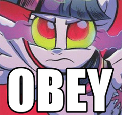 Size: 400x375 | Tagged: safe, idw, twilight sparkle, alicorn, pony, g4, spoiler:comic, dark magic, female, image macro, magic, mare, meme, solo, sombra eyes, twilight sparkle (alicorn), tyrant sparkle