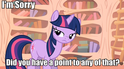 Size: 960x540 | Tagged: safe, twilight sparkle, g4, female, image macro, meme, reaction image, solo, unamused