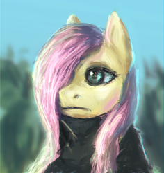 Size: 940x996 | Tagged: safe, artist:elkaart, fluttershy, g4, clothes, female, hair over one eye, portrait, solo, sweater, sweatershy