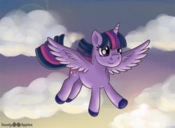 Size: 1000x732 | Tagged: safe, artist:sandy--apples, twilight sparkle, alicorn, pony, g4, female, flying, mare, solo, twilight sparkle (alicorn)