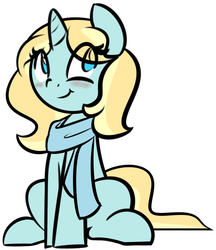 Size: 871x1007 | Tagged: safe, artist:furrgroup, oc, oc only, oc:shiver snow, pony, unicorn, blushing, clothes, looking back, scarf, simple background, sitting, smiling, solo, white background
