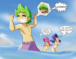 Size: 3189x2480 | Tagged: safe, artist:ryured, fluttershy, rarity, spike, human, g4, bikini, clothes, cute, cutie mark swimsuit, high res, human spike, humanized, ocean, purple swimsuit, spanish, stupid sexy spike, swimsuit, translated in the comments, white swimsuit, yellow swimsuit