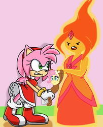 Size: 1258x1552 | Tagged: safe, artist:itoruna-the-platypus, fluttershy, equestria girls, g4, amy rose, barely pony related, crossover, flame princess, simple background, sonic the hedgehog (series), tomodachi life, wat