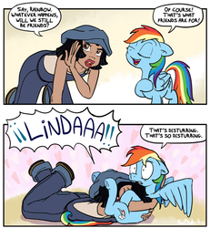 Size: 600x649 | Tagged: safe, artist:foudubulbe, rainbow dash, human, g4, atlantis: the lost empire, audrey ramirez, comic, crossover, eyes closed, floppy ears, hape, hug, open mouth, smiling, snuggling, spread wings, wide eyes