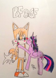 Size: 570x797 | Tagged: safe, artist:geekygraphics42, twilight sparkle, alicorn, pony, g4, crossover, crossover shipping, female, kissing, male, mare, miles "tails" prower, shipping, sonic the hedgehog (series), traditional art, twilight sparkle (alicorn), twitails