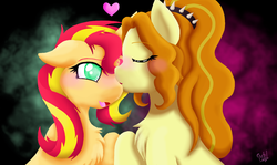 Size: 1824x1090 | Tagged: safe, artist:midnighttheumbreon, adagio dazzle, sunset shimmer, pony, unicorn, g4, chest fluff, female, heart, lesbian, ponified, ship:sunsagio, shipping