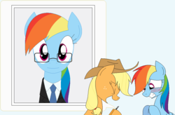 Size: 923x605 | Tagged: safe, artist:hyolark, applejack, rainbow dash, earth pony, pegasus, pony, g4, blushing, clothes, duo, embarrassed, glasses, laughing, necktie, photo, suit