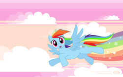 Size: 1440x900 | Tagged: safe, artist:donotdelete, rainbow dash, pegasus, pony, g4, cloud, female, flying, looking at you, open mouth, rainbow trail, smiling, solo, spread wings, watermark, wings