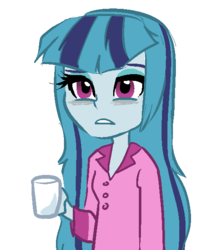 Size: 511x593 | Tagged: safe, artist:rileyav, sonata dusk, equestria girls, g4, bags under eyes, bed hair, clothes, coffee, cute, female, loose hair, messy hair, morning ponies, pajamas, simple background, solo, tired, transparent background
