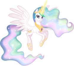 Size: 3395x3000 | Tagged: dead source, safe, artist:theshadowstone, princess celestia, pony, g4, female, flying, high res, looking at you, magic, mare, shading, simple background, smiling, solo, spread wings, transparent background, vector
