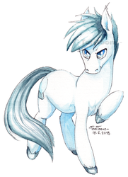 Size: 650x900 | Tagged: safe, artist:taritoons, oc, oc only, oc:ailver bright, earth pony, pony, aquarelle, commission, glare, looking at you, raised hoof, simple background, smirk, solo, unshorn fetlocks, white background