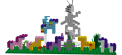 Size: 1357x607 | Tagged: safe, artist:blast-dragon, applejack, discord, fluttershy, pinkie pie, rainbow dash, rarity, spike, twilight sparkle, g4, 3d, lego, lego digital designer, mane seven, mane six, statue