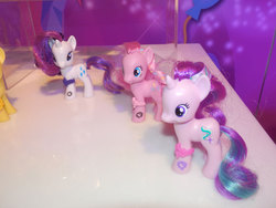 Size: 800x600 | Tagged: safe, pinkie pie, rarity, starlight glimmer, g4, my little pony: friendship is magic, the cutie map, brushable, female, irl, photo, toy, toy fair 2015