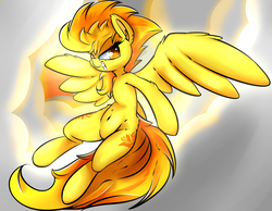 Size: 1800x1400 | Tagged: safe, artist:madacon, spitfire, pegasus, pony, g4, belly button, both cutie marks, cloud, female, flying, solo, spread wings, wings