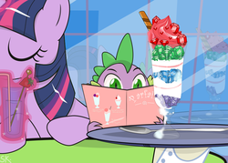 Size: 969x692 | Tagged: safe, artist:dsana, spike, twilight sparkle, dragon, pony, unicorn, g4, duo, female, food, gem, male, mare, parfait, spoon, strawberry, unicorn twilight, wafer sticks