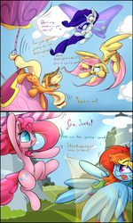 Size: 2400x4000 | Tagged: safe, artist:madacon, applejack, fluttershy, pinkie pie, rainbow dash, rarity, earth pony, pegasus, pony, unicorn, g4, belly button, comic, crazy awesome, female, flying contraption, glimmer wings, hot air balloon, mare, pedalcopter, this will end in tears and/or death, twinkling balloon