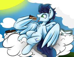 Size: 1800x1400 | Tagged: safe, artist:madacon, soarin', pegasus, pony, g4, backwards cutie mark, belly button, cake, chest fluff, cloud, cloudy, cute, ear fluff, eating, male, on back, open mouth, pie, pie tin, sitting, sky, smiling, soarinbetes, solo, spread wings, stallion, stuffing, sun, that pony sure does love pies, this will end in weight gain, tongue out, wing hands