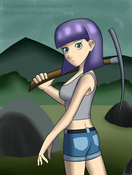 Size: 1200x1600 | Tagged: dead source, safe, artist:blustarpencil, maud pie, human, g4, clothes, female, humanized, midriff, pickaxe, solo, tank top