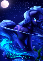 Size: 3507x4962 | Tagged: dead source, safe, artist:zodiacnicola, princess luna, alicorn, jellyfish, pony, g4, bubble, female, folded wings, horn, looking back, moon, night sky, ocean, signature, smiling, solo, stars, underwater, water, wings