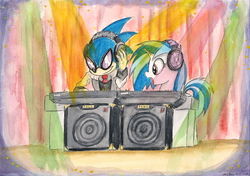 Size: 2317x1632 | Tagged: safe, artist:souleatersaku90, dj pon-3, vinyl scratch, g4, chaos in equestria, commission, crossover, fanfic, fanfic art, male, party, sonic the hedgehog, sonic the hedgehog (series), traditional art, watercolor painting